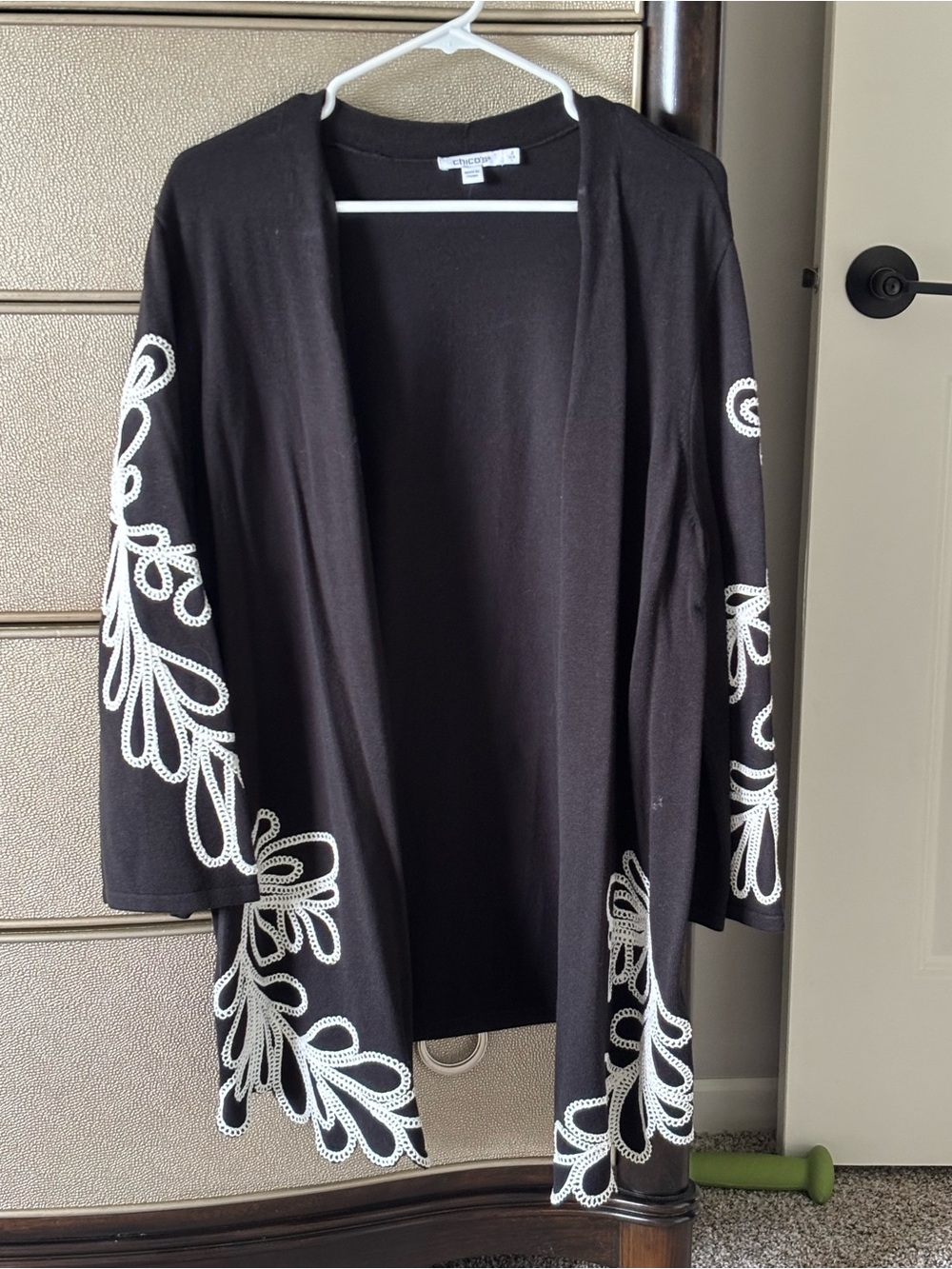 Chico's Black Open-Front Cardigan with White Embroidered Trim